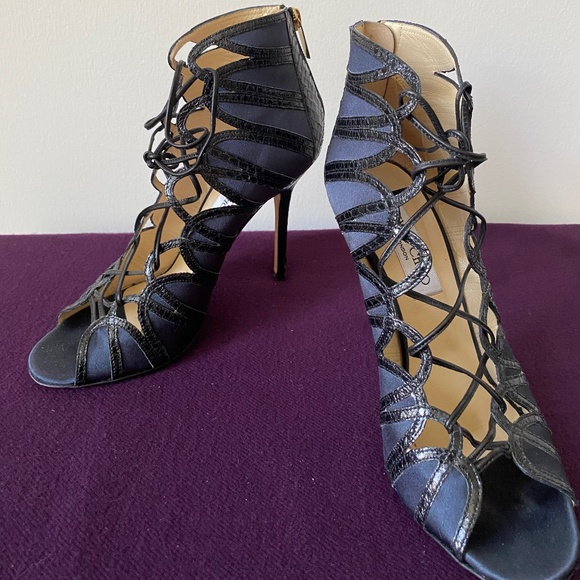 Jimmy Choo  Satin/Snakeskin  Navy  Lace up  sandals - Picture 6 of 8